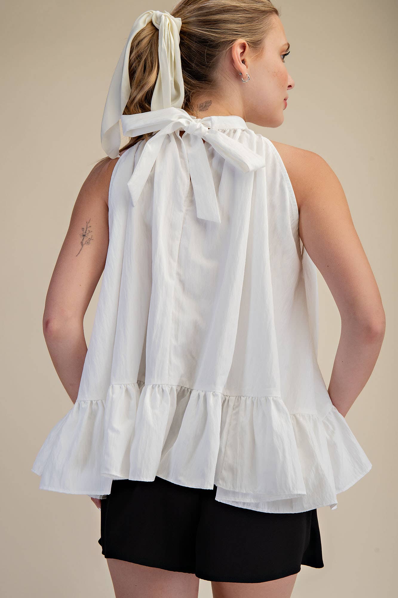 Halter Neck Sleeveless Back Neck Tie Ruffle Top: Hot Pink / M
