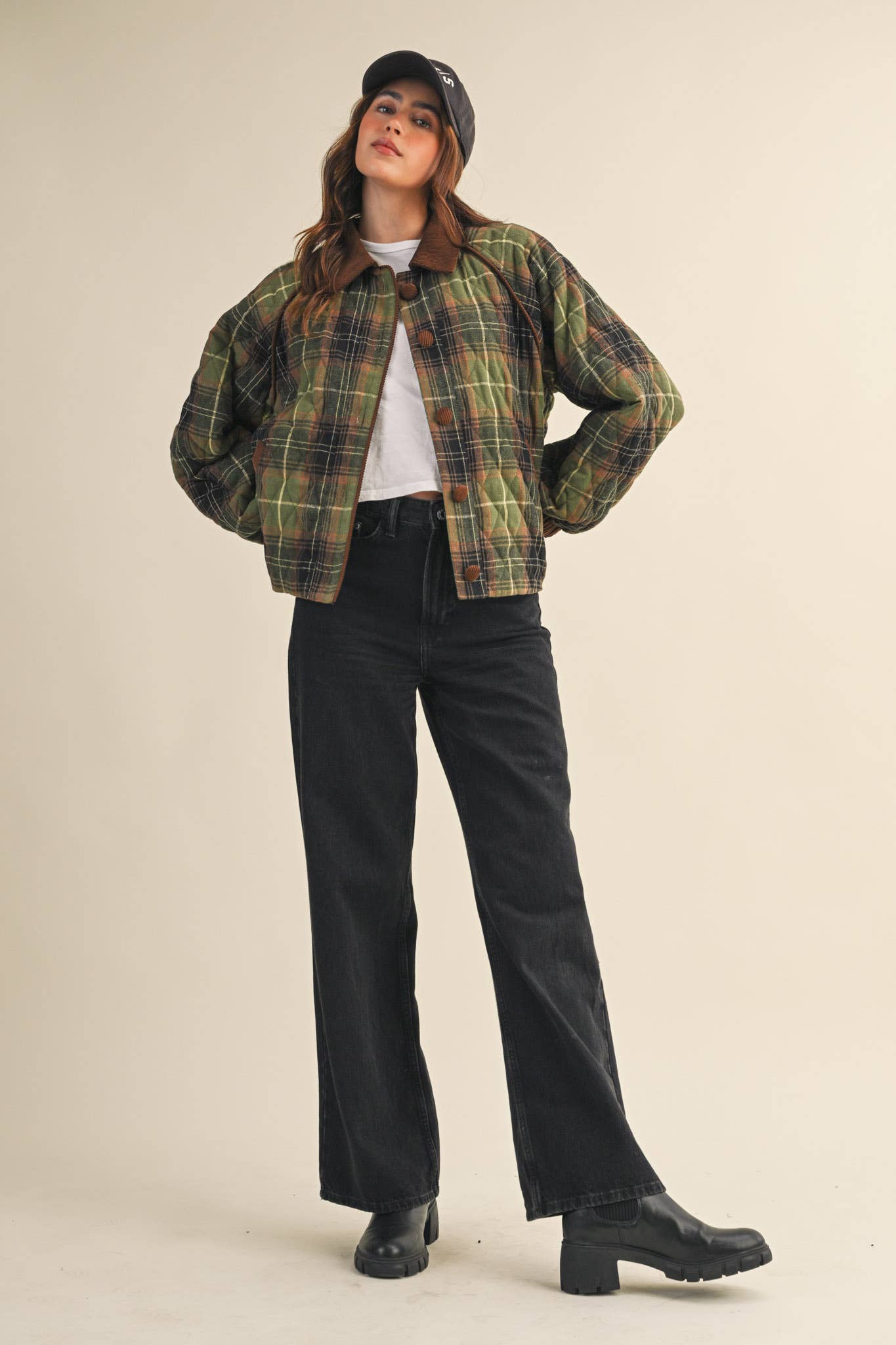 PLAID QUILTED JACKET WITH CONTRAST CORDUROY DETAIL MJK4115: Olive Multi Plaid / M