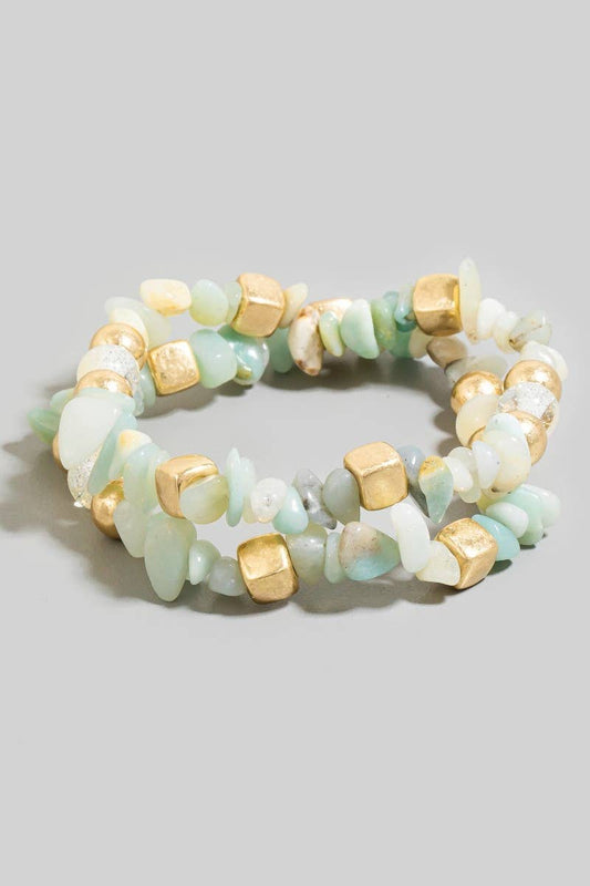 Stone And Metallic Beaded Bracelet Set: MIN
