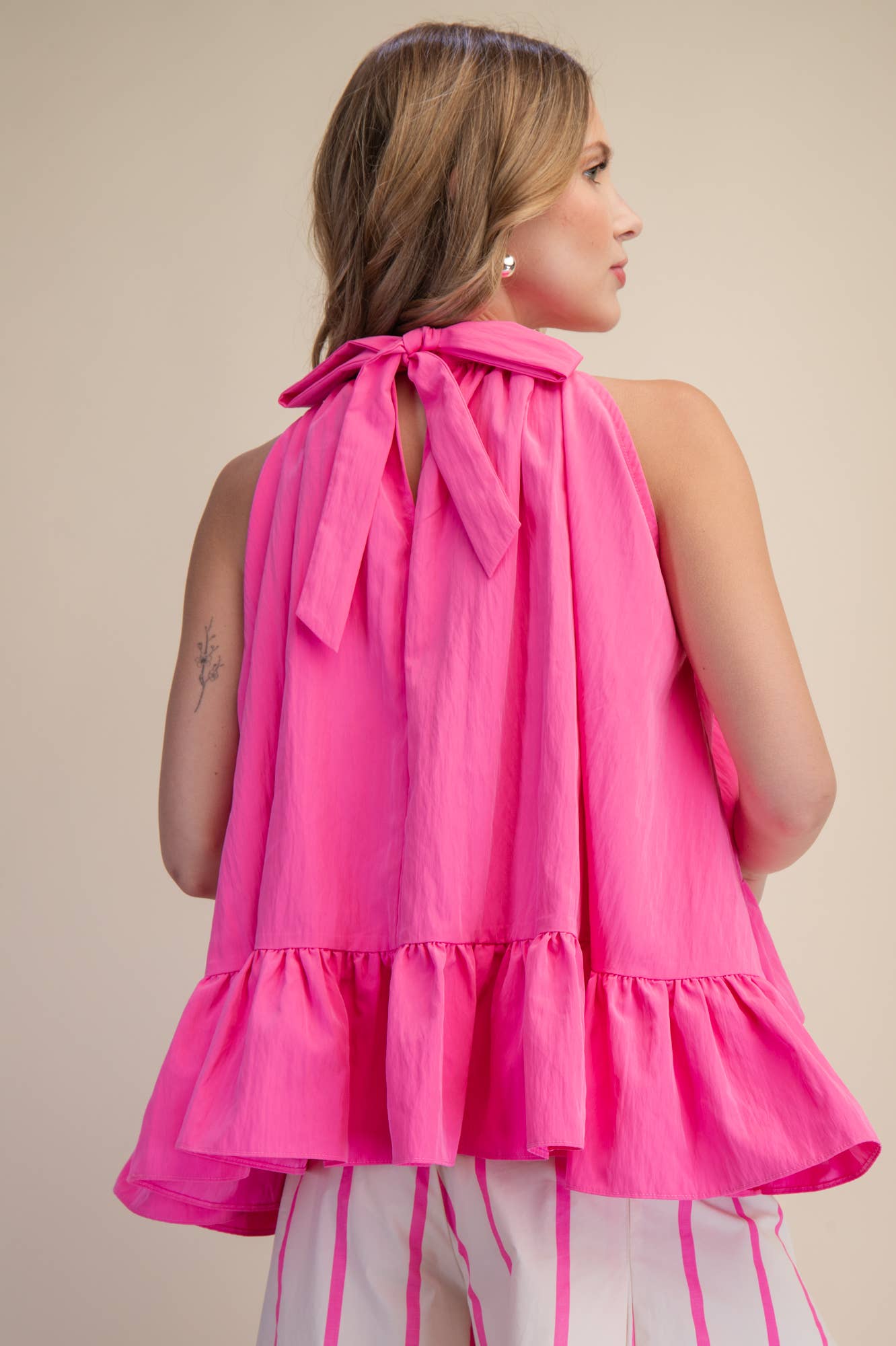 Halter Neck Sleeveless Back Neck Tie Ruffle Top: Hot Pink / S