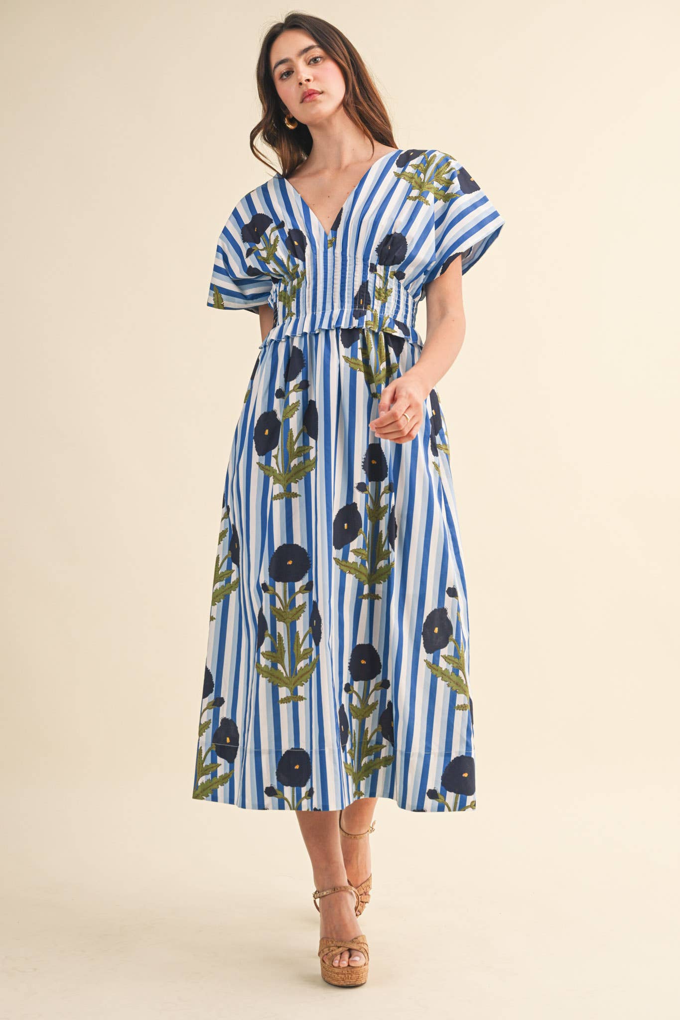 STRIPED FLORAL PIN TUCK WAIST MIDI DRESS MDR4787: BLUE FLORAL STRIPE / M