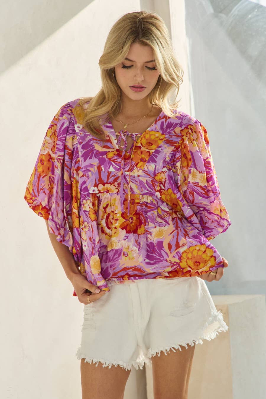 Printed Blouse With Wide Bubble Sleeve: Olive Garden / M