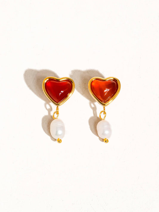 Marlon 18K Gold Non-Tarnish Heart and Pearl Earring: Red