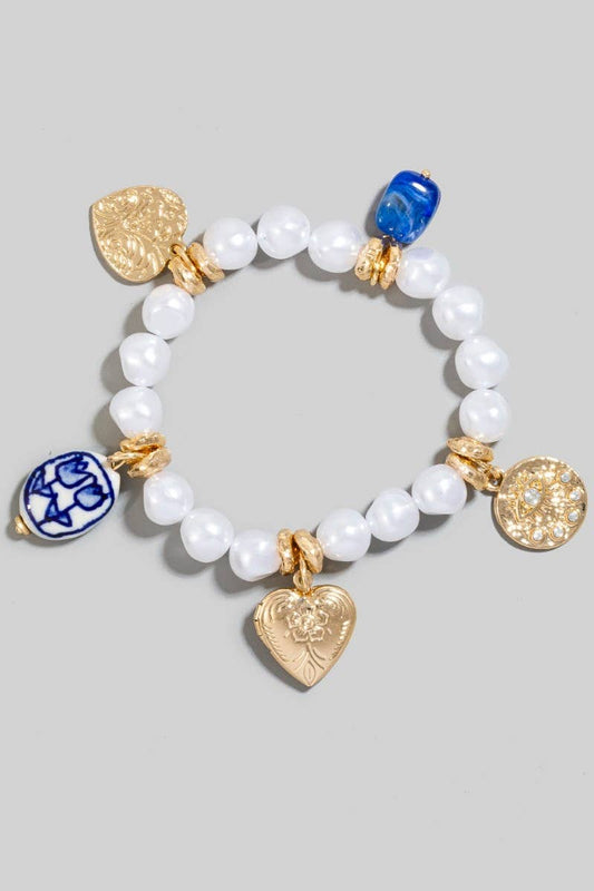 Heart Locket And Ceramic Floral Charms Pearl Beaded Bracelet: GD