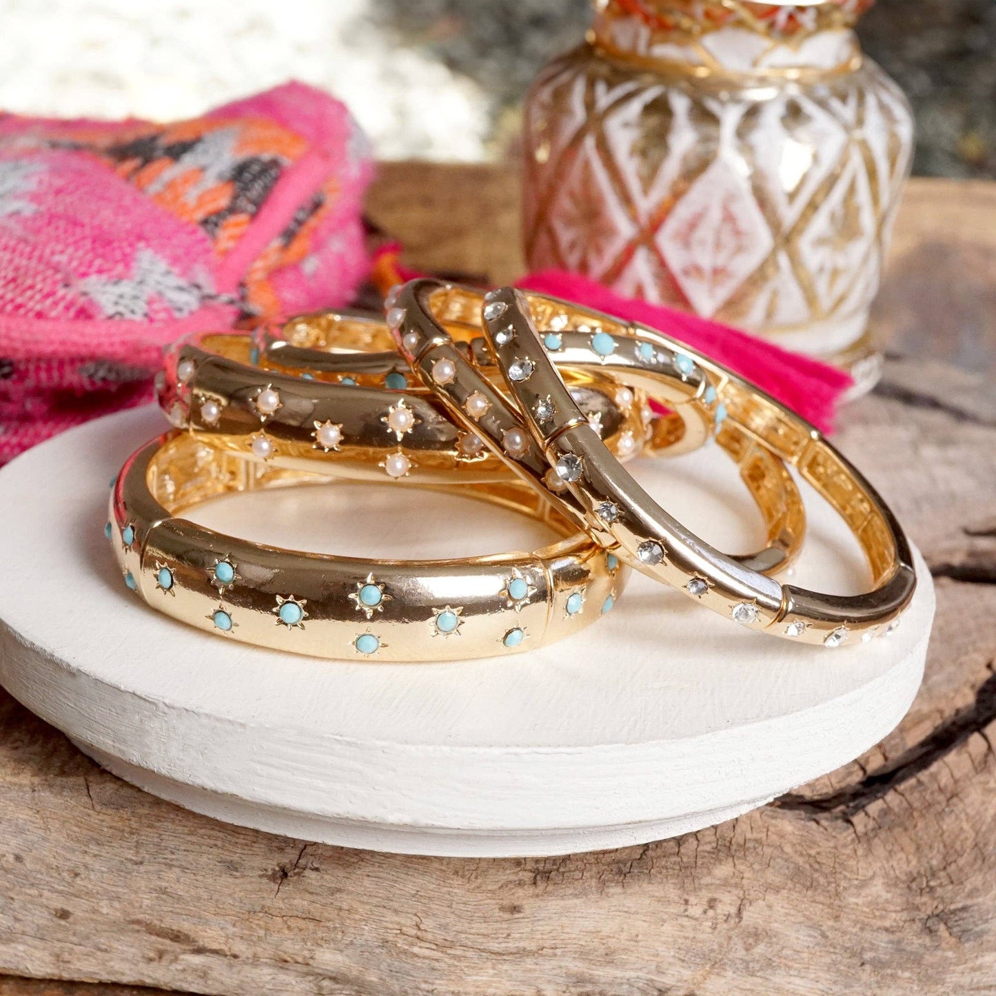 Gold-Tone Eternity Stretch Bangle – Pearls, Turquoise, or Crystals: Wide - Turquoise