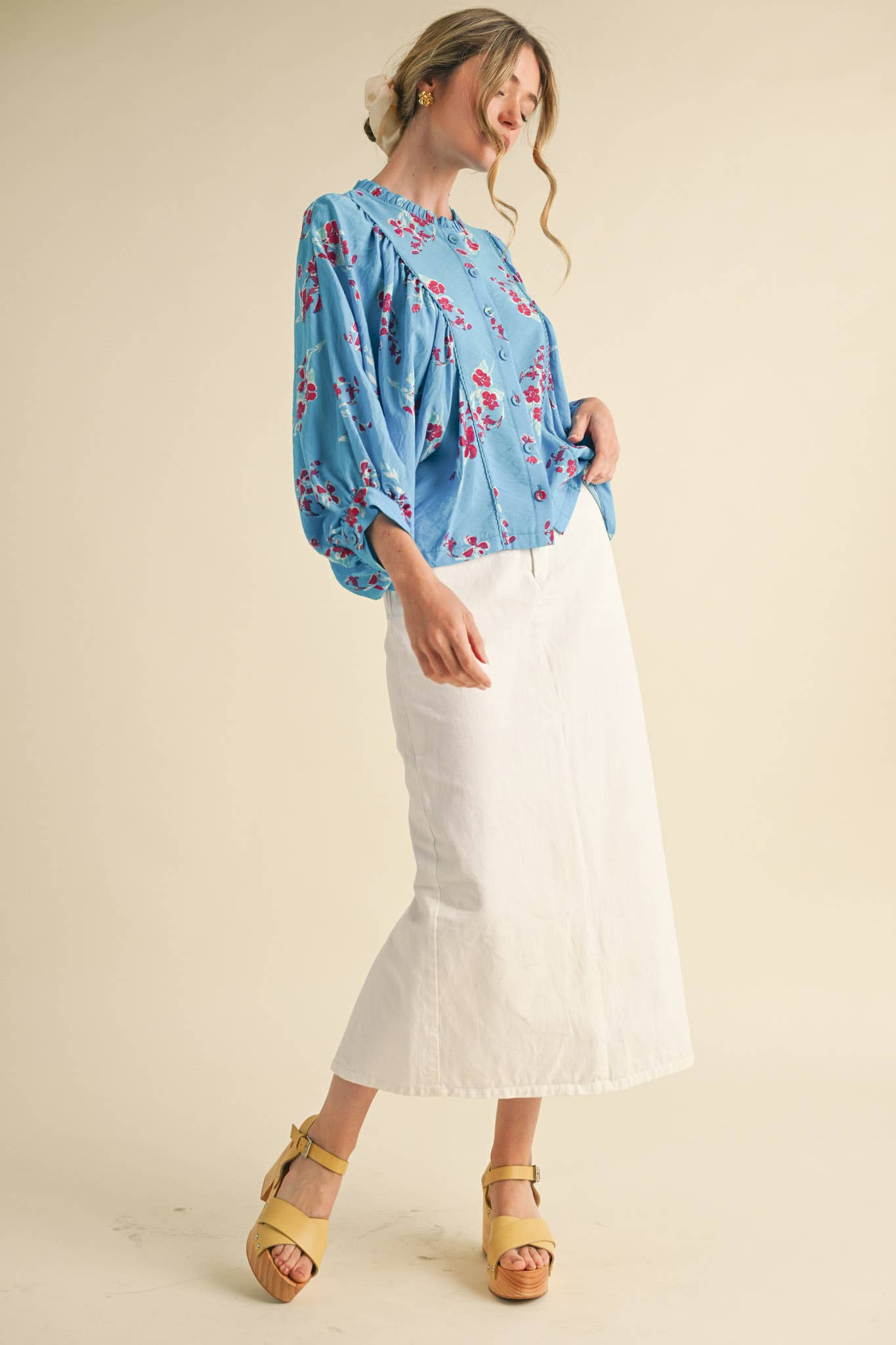EXCLUSIVE PRINT FLORAL DOLMAN SLEEVE BLOUSE MTP3871: Electric Blue Floral / S