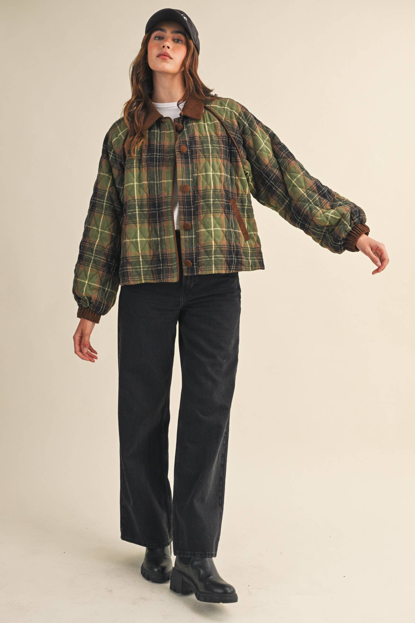 PLAID QUILTED JACKET WITH CONTRAST CORDUROY DETAIL MJK4115: Olive Multi Plaid / M