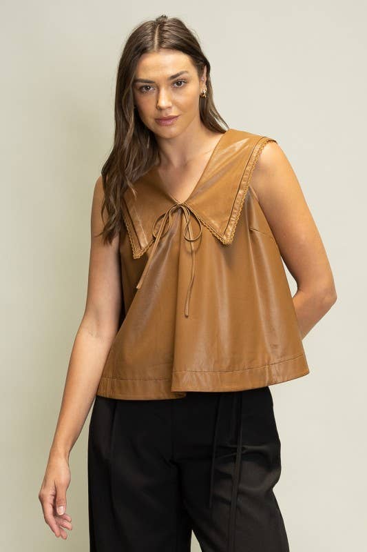 SOT1241 Faux Leather Sailor Collar Top: Black / S-M-L (2-2-2)
