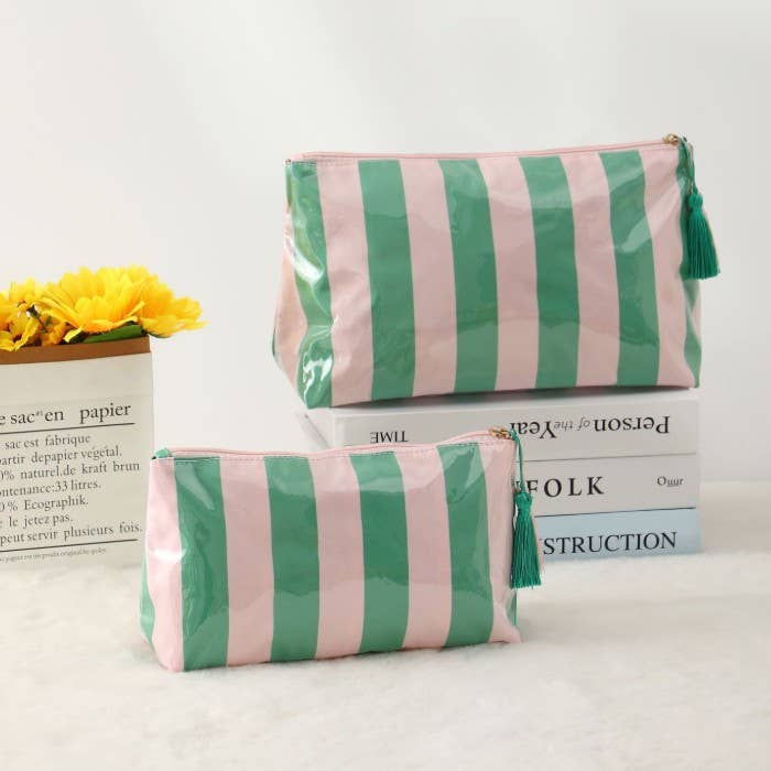 TRAVEL STRIPE COSMETIC MAKEUP POUCH BAG | 40P594: PINK GREEN