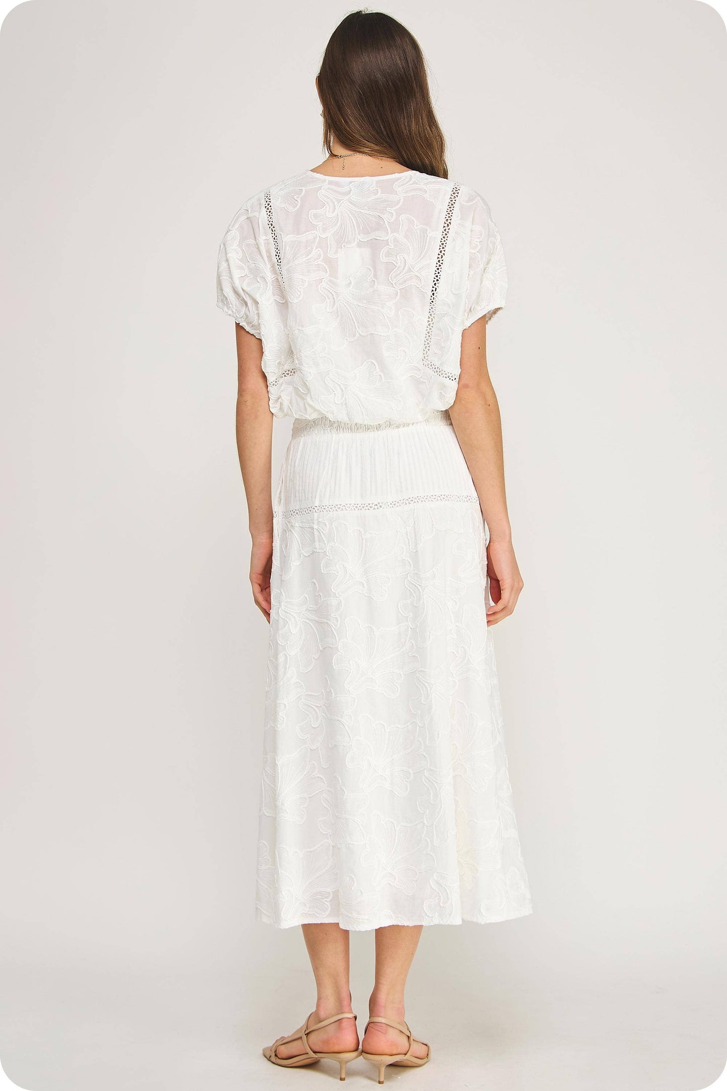 Floral Embroidery Cotton Lace Trim Skirt Top Set: Crystal Blue / M