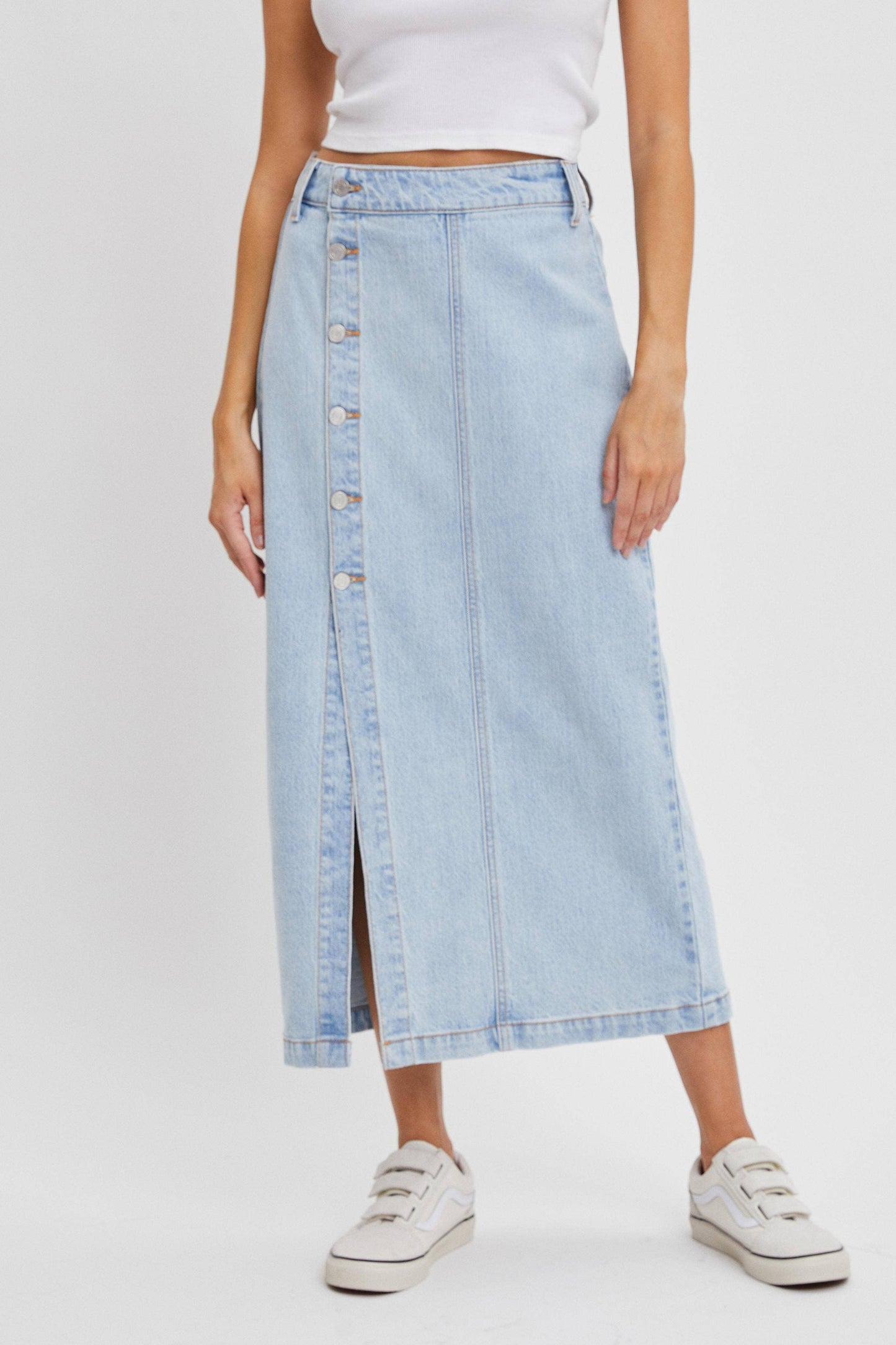 High Rise Denim Midi Skirt with Button Up Slit [WV59181SLT]: M