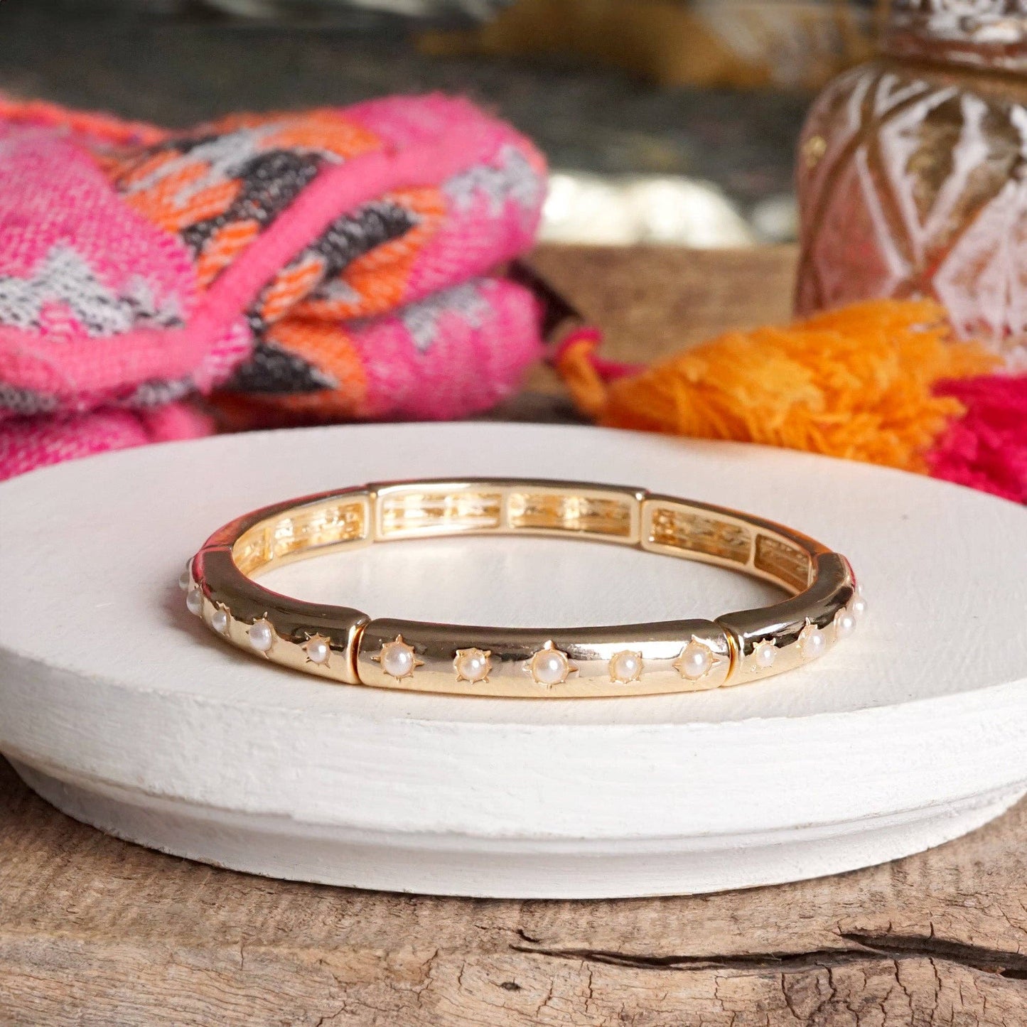 Gold-Tone Eternity Stretch Bangle – Pearls, Turquoise, or Crystals: Wide - Turquoise