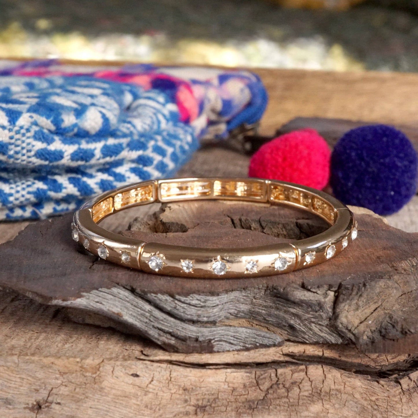 Gold-Tone Eternity Stretch Bangle – Pearls, Turquoise, or Crystals: Wide - Turquoise