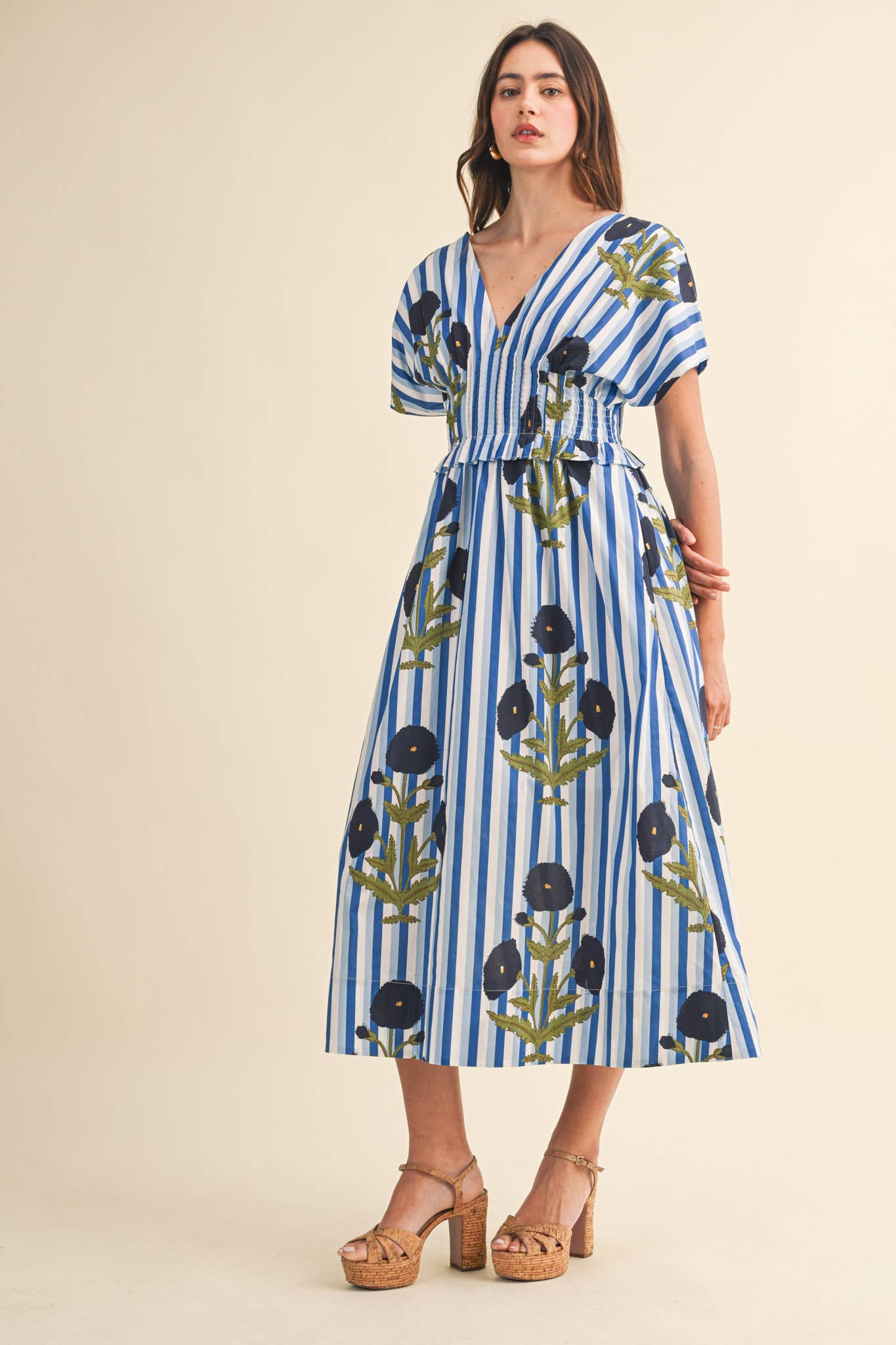 STRIPED FLORAL PIN TUCK WAIST MIDI DRESS MDR4787: BLUE FLORAL STRIPE / M