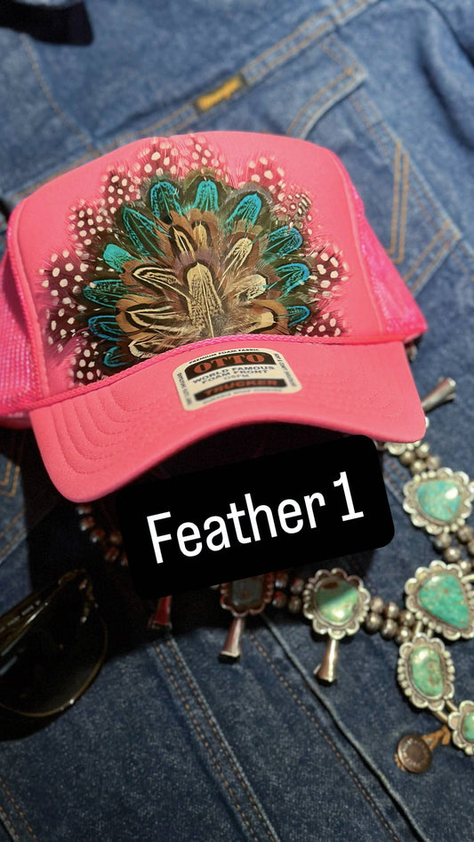 HOT PINK FEATHER TRUCKER HAT: No Faux Turquoise / Feather 1