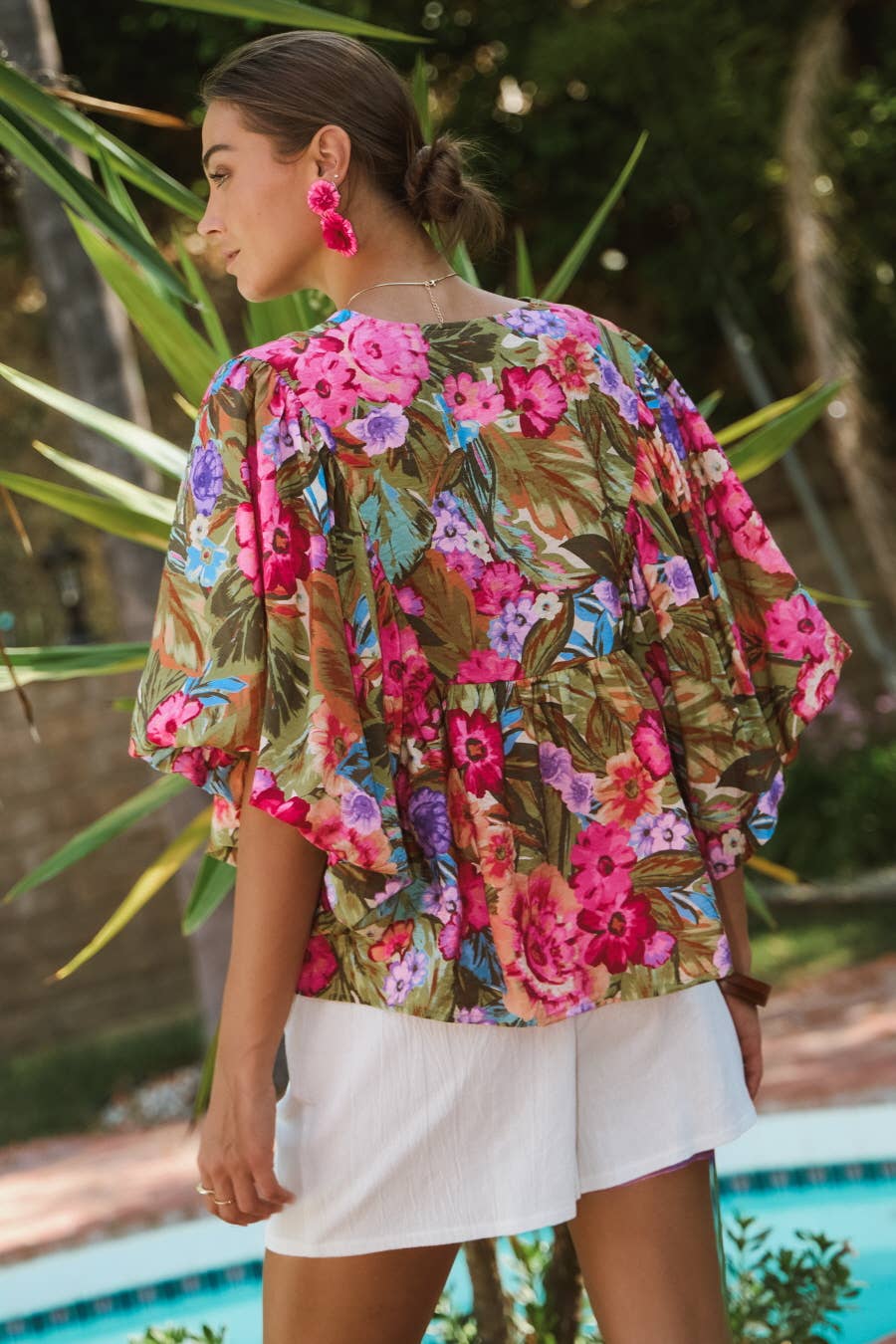 Printed Blouse With Wide Bubble Sleeve: Olive Garden / L