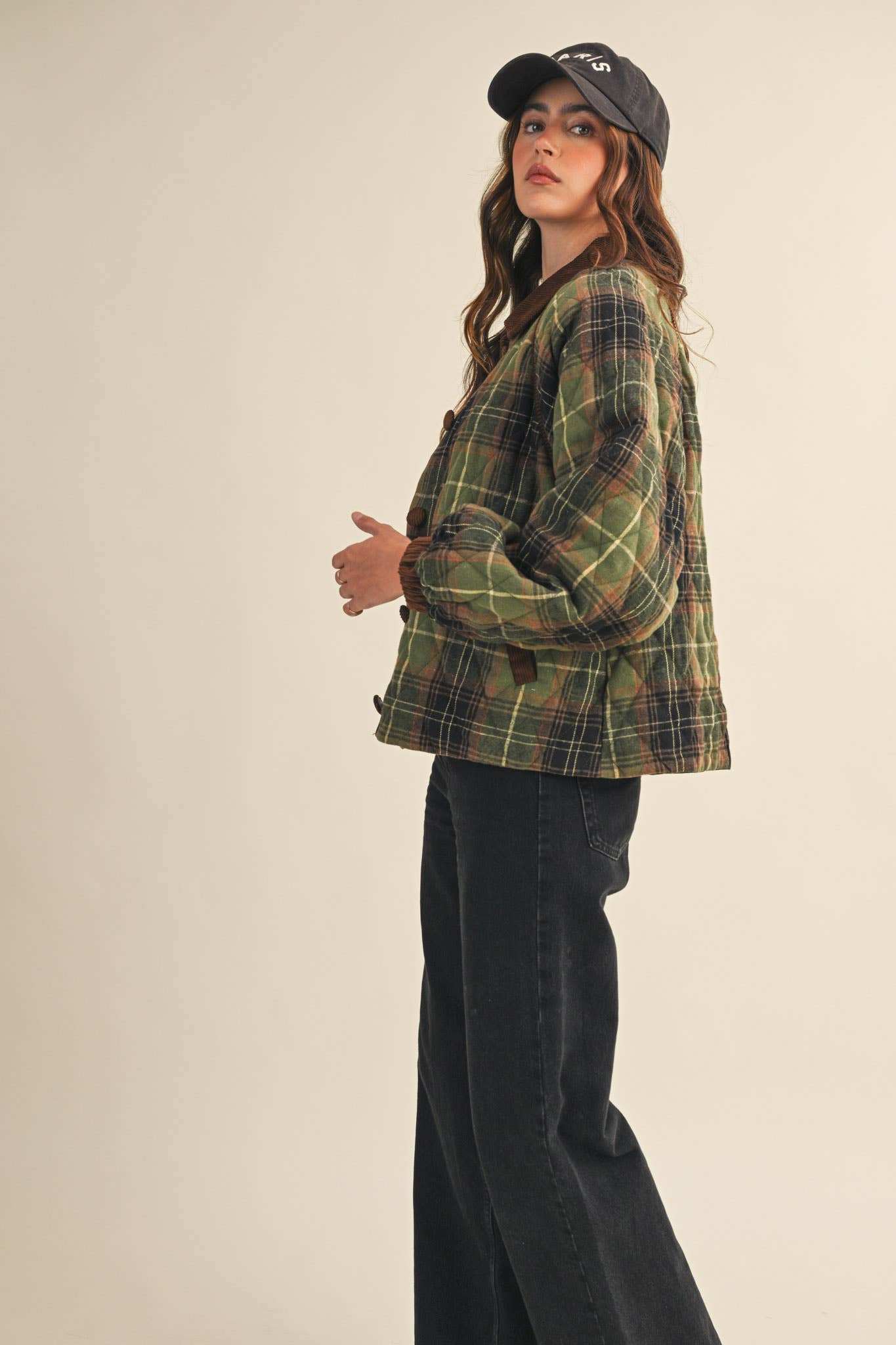 PLAID QUILTED JACKET WITH CONTRAST CORDUROY DETAIL MJK4115: Olive Multi Plaid / M