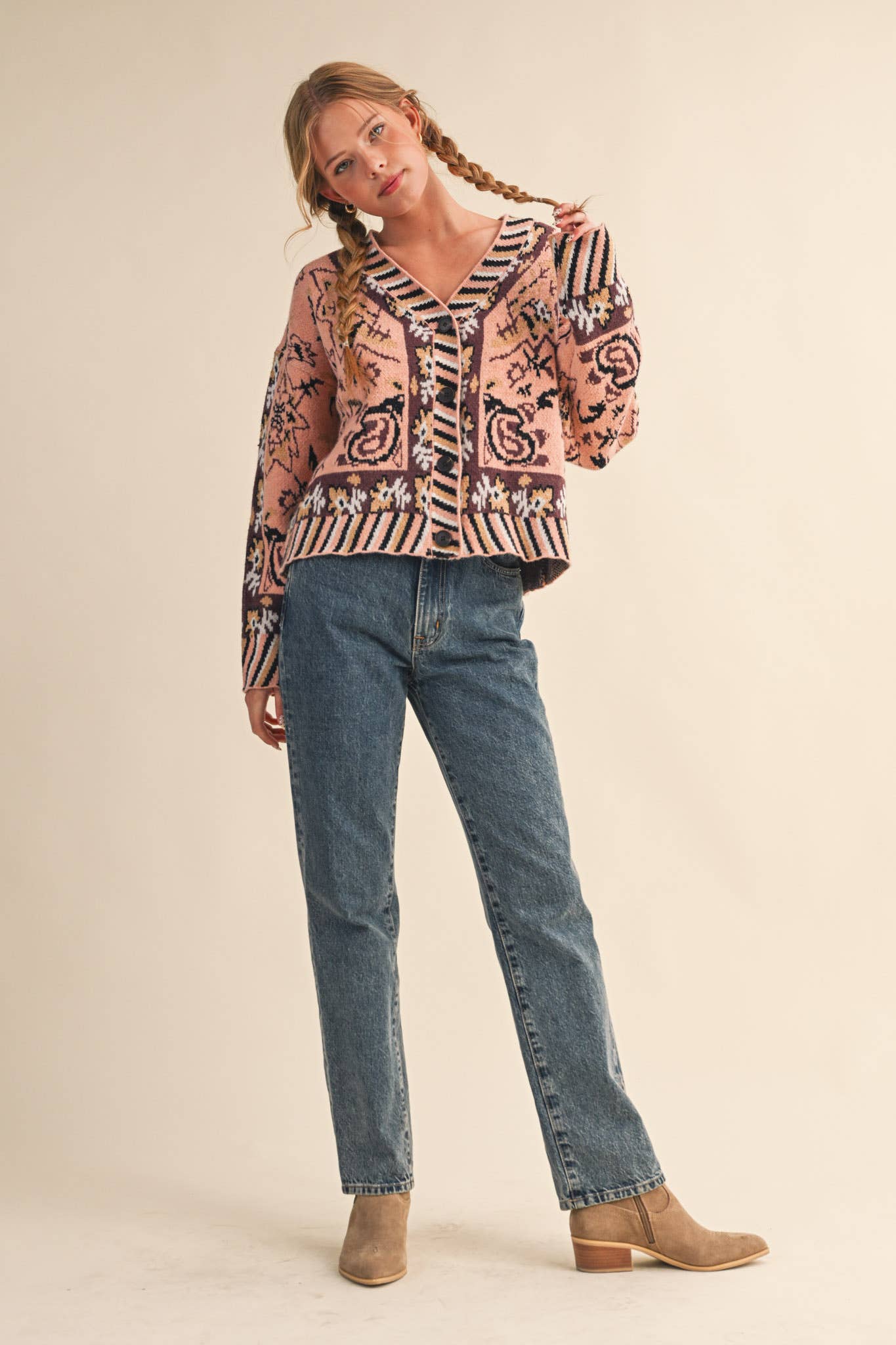 PAISLEY KNIT SWEATER CARDIGAN MSW11102: Ivory Coral Multi / M