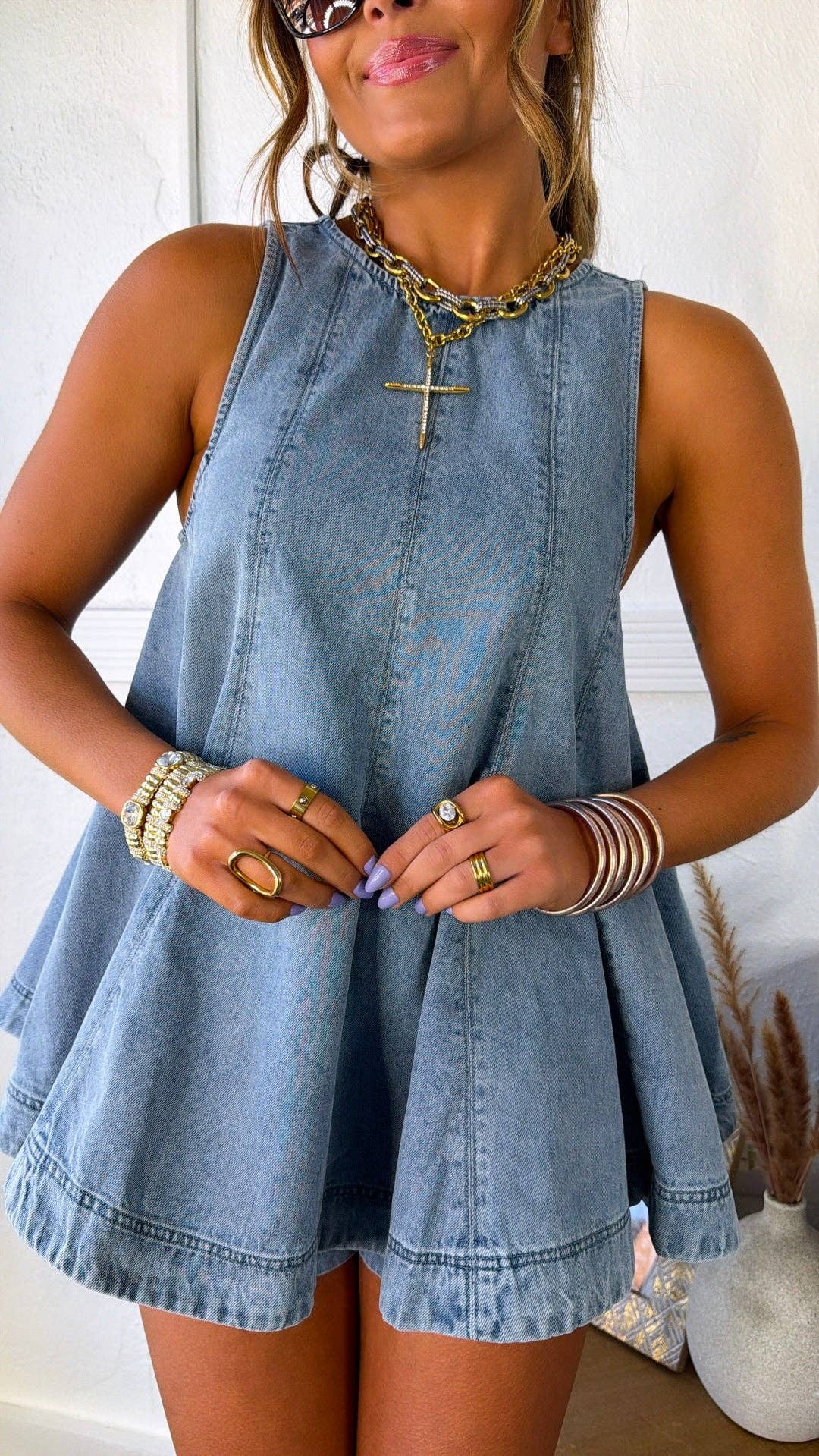 Denim Outfit Set-Sleeveless Top & Elastic-Waist Shorts: White / M