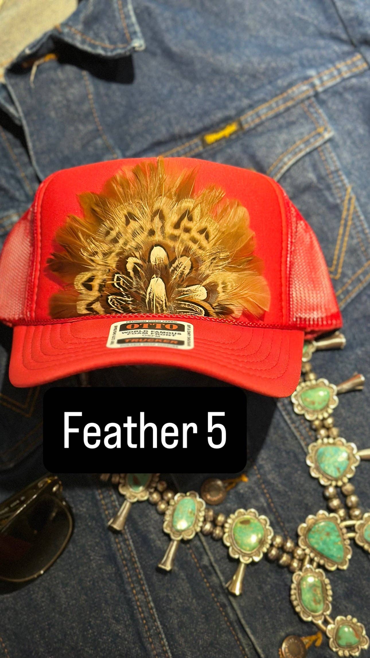 RED FEATHER TRUCKER HAT: No Faux Turquoise / Feather 2