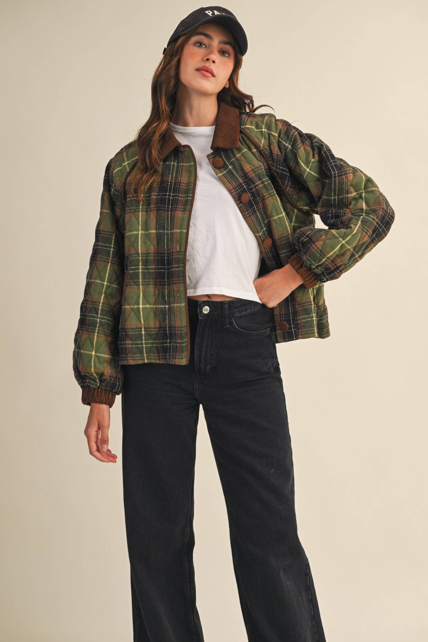 PLAID QUILTED JACKET WITH CONTRAST CORDUROY DETAIL MJK4115: Olive Multi Plaid / M