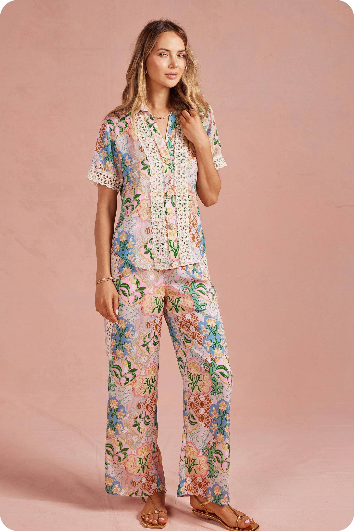 Garden Party Crochet Contrast Satin Pants: Multi / L