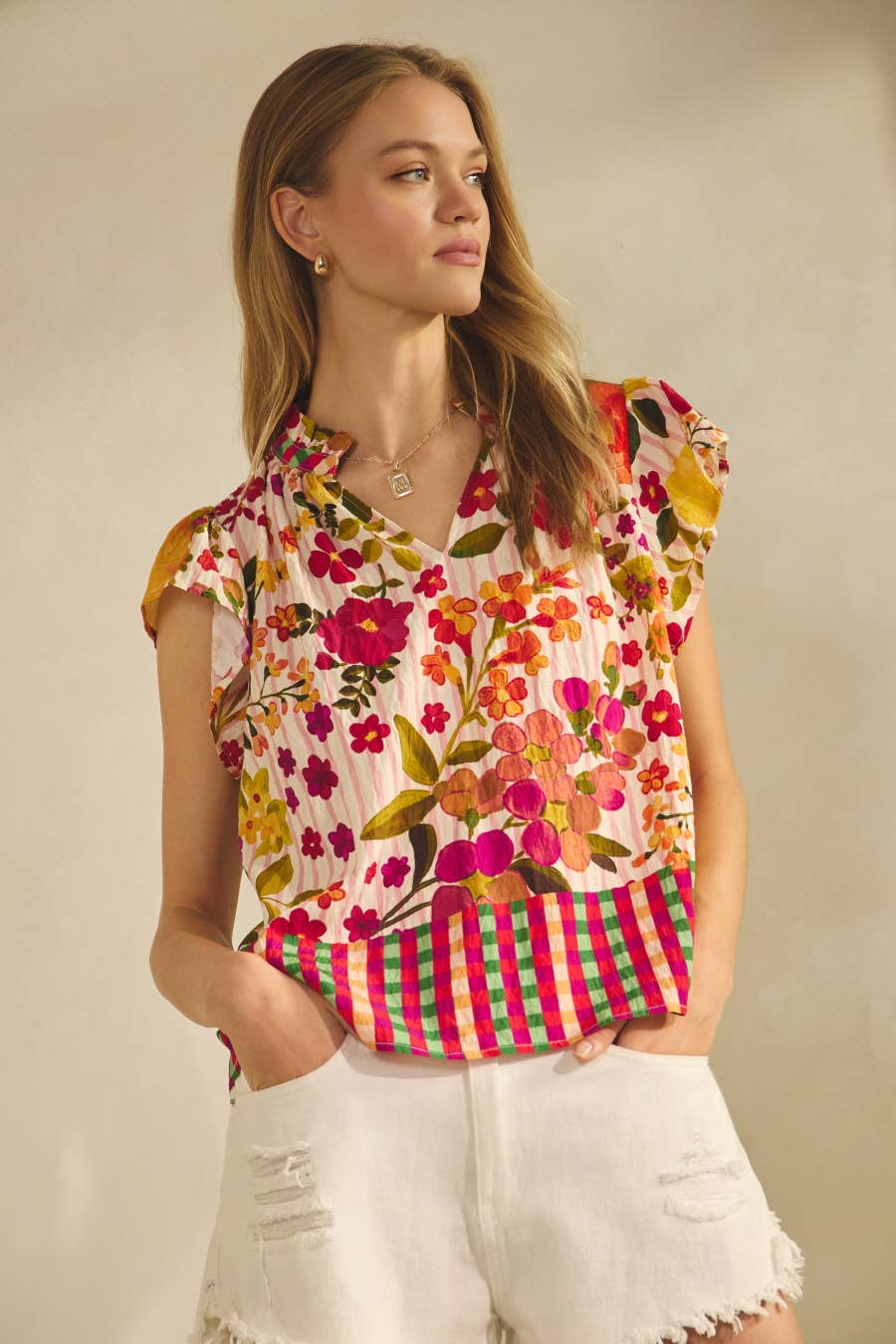 Floral Border Printed Flutter Sleeve Blouse: Peach Bloom / M