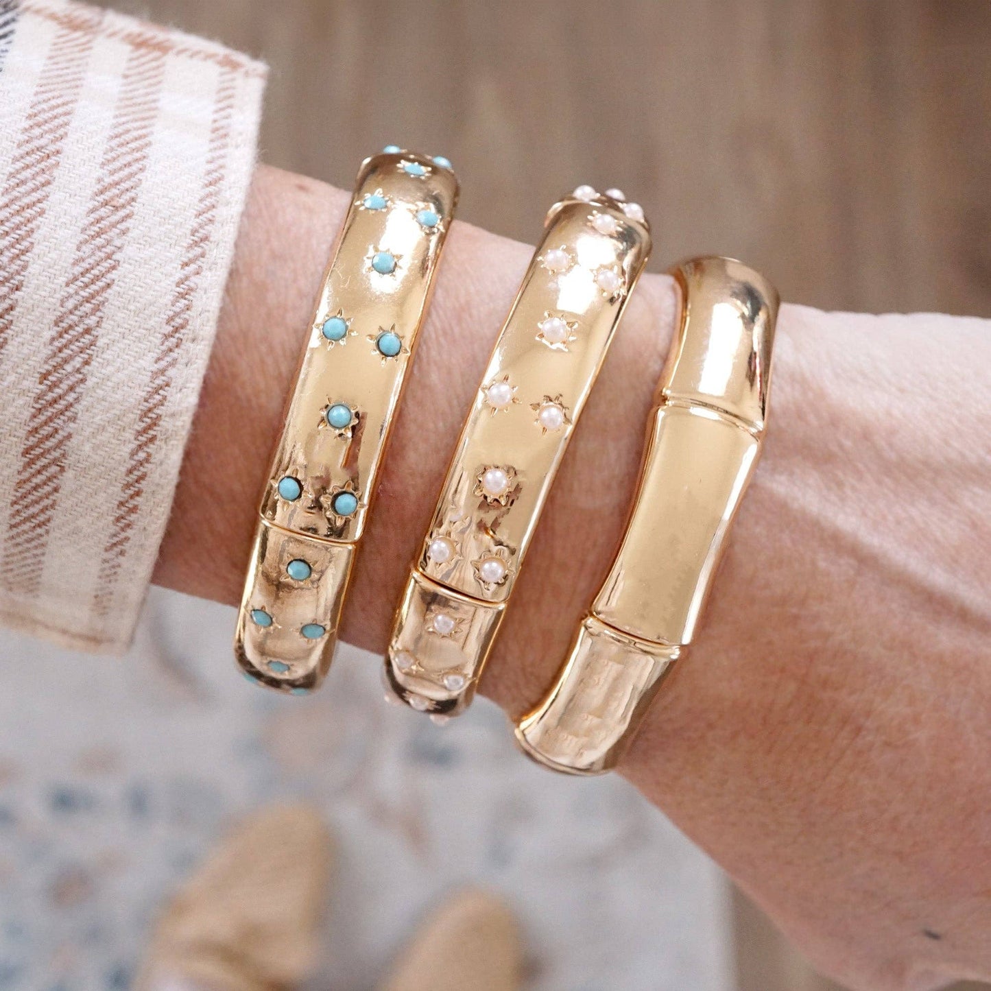 Gold-Tone Eternity Stretch Bangle – Pearls, Turquoise, or Crystals: Wide - Turquoise