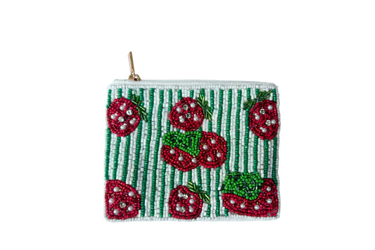 Strawberries Themed Fully Beaded Coin Purse 