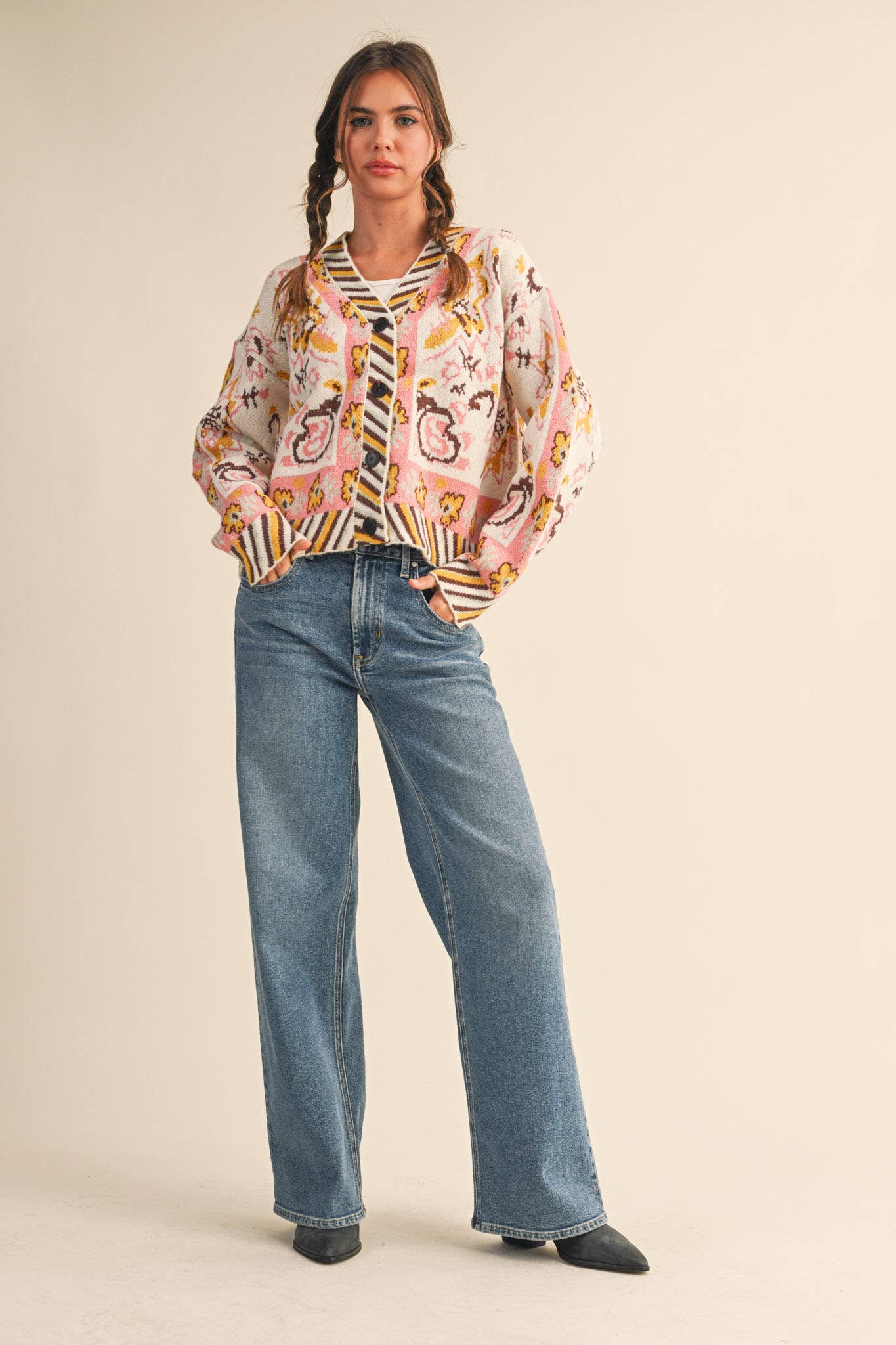 PAISLEY KNIT SWEATER CARDIGAN MSW11102: Ivory Coral Multi / L