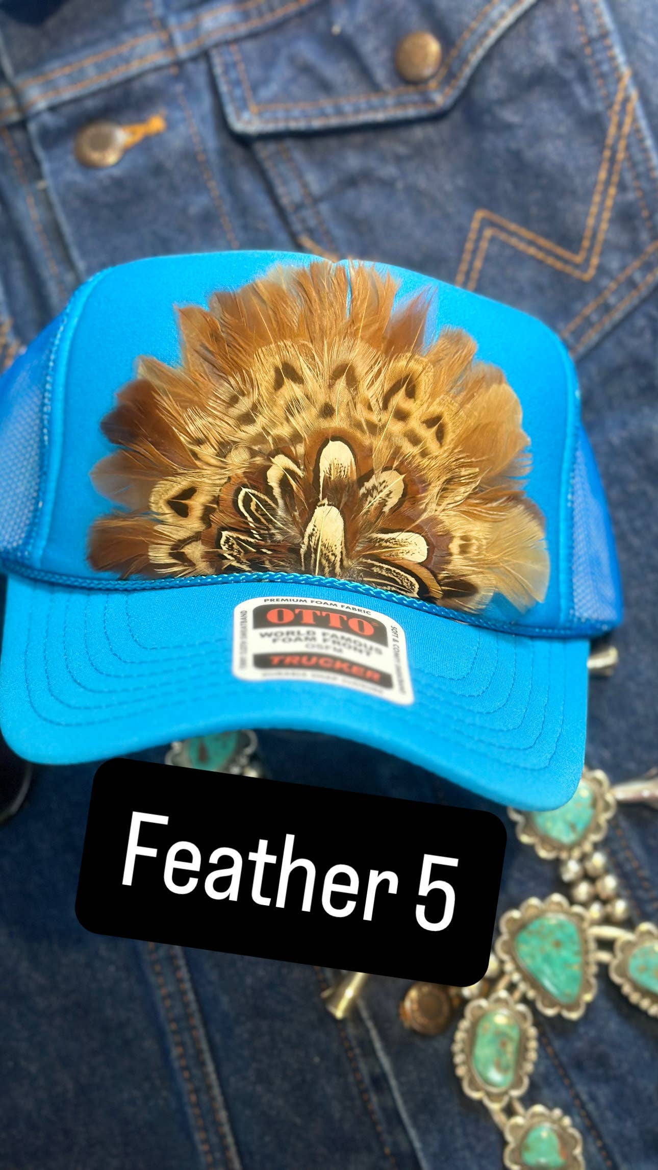 BLUE FEATHER TRUCKER HAT: No Faux Turquoise / Feather 1