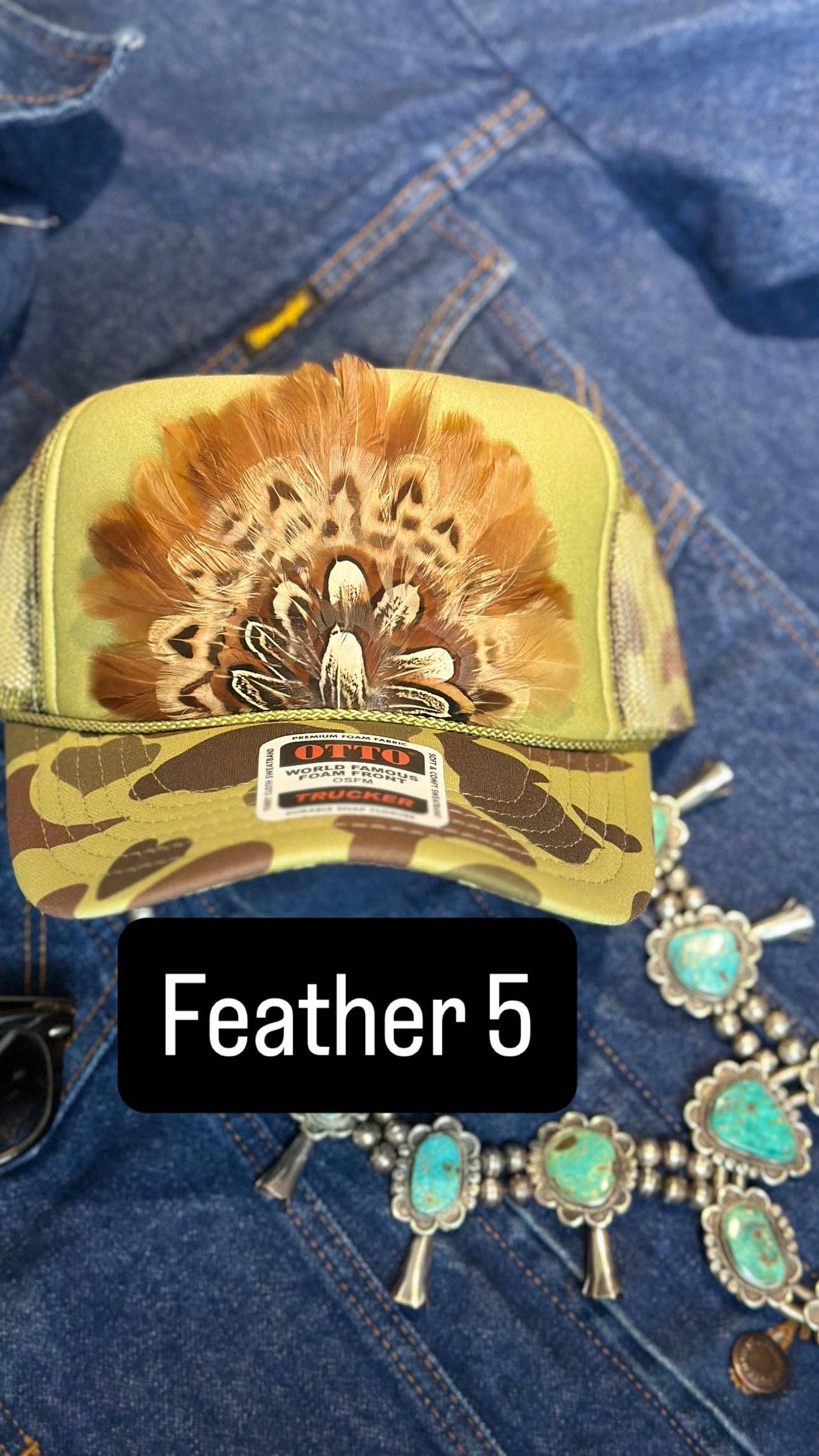 GREEN CAMO CAMOUFLAGE FEATHER TRUCKER HAT: With Faux Turquoise / Feather 8