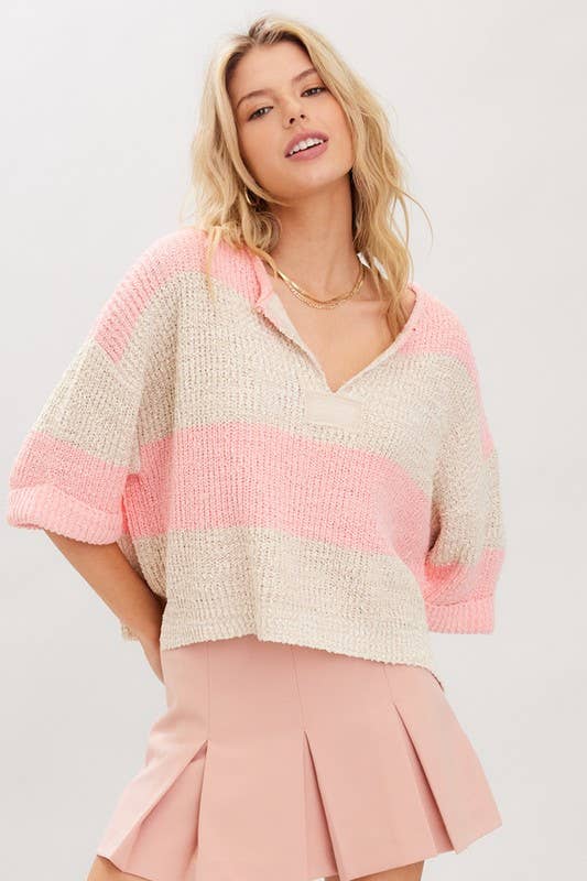Striped Design Patch Sweater: Bubblegum Oatmeal / S