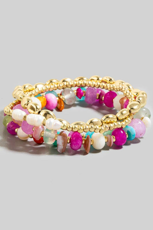 4Pc Stone And Metallic Beaded Bracelet Set: GM