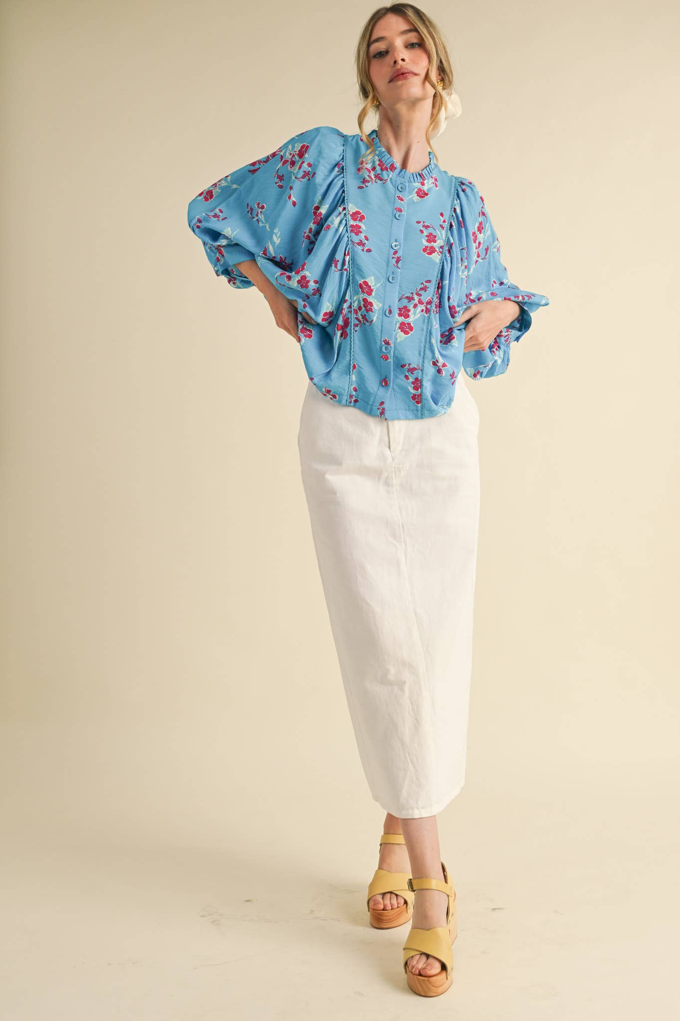 EXCLUSIVE PRINT FLORAL DOLMAN SLEEVE BLOUSE MTP3871: Electric Blue Floral / S