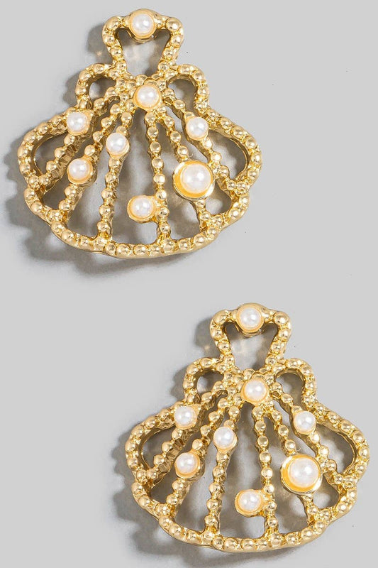 Pearl Studded Metallic Clam Shell Stud Drop Earrings: GDCRM