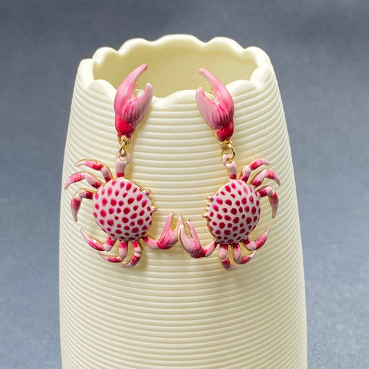 Pink Enamel Crab Charm Post Earrings