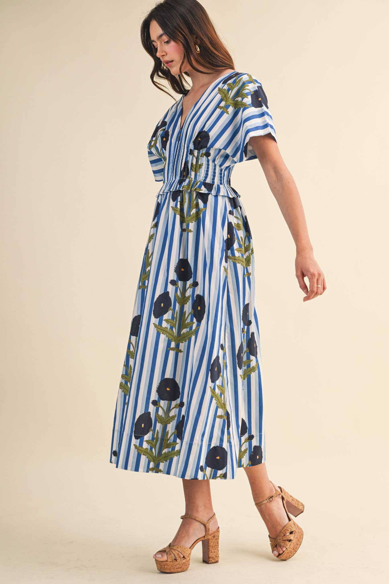 STRIPED FLORAL PIN TUCK WAIST MIDI DRESS MDR4787: BLUE FLORAL STRIPE / M