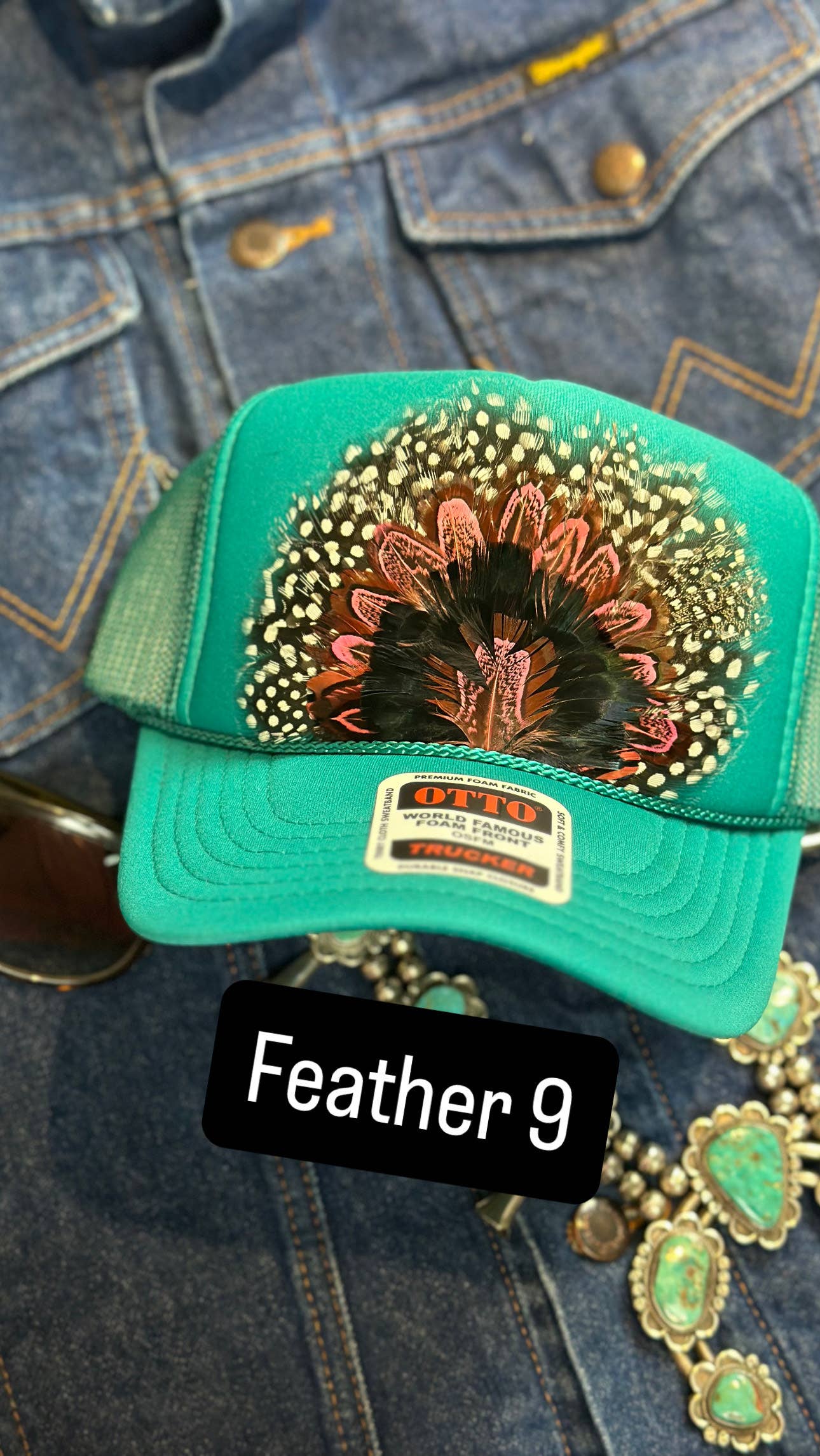 JADE FEATHER TRUCKER HAT: No Faux Turquoise / Feather 4