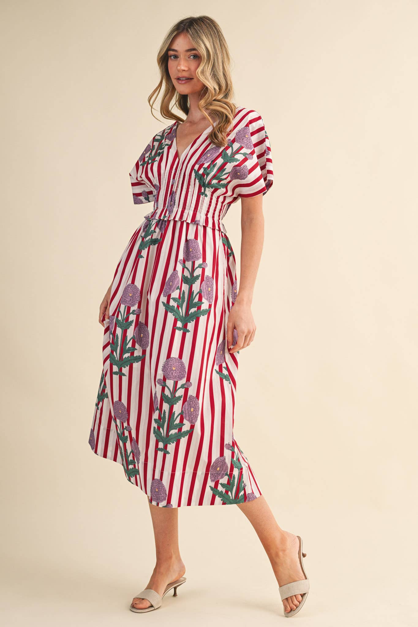STRIPED FLORAL PIN TUCK WAIST MIDI DRESS MDR4787: BLUE FLORAL STRIPE / S
