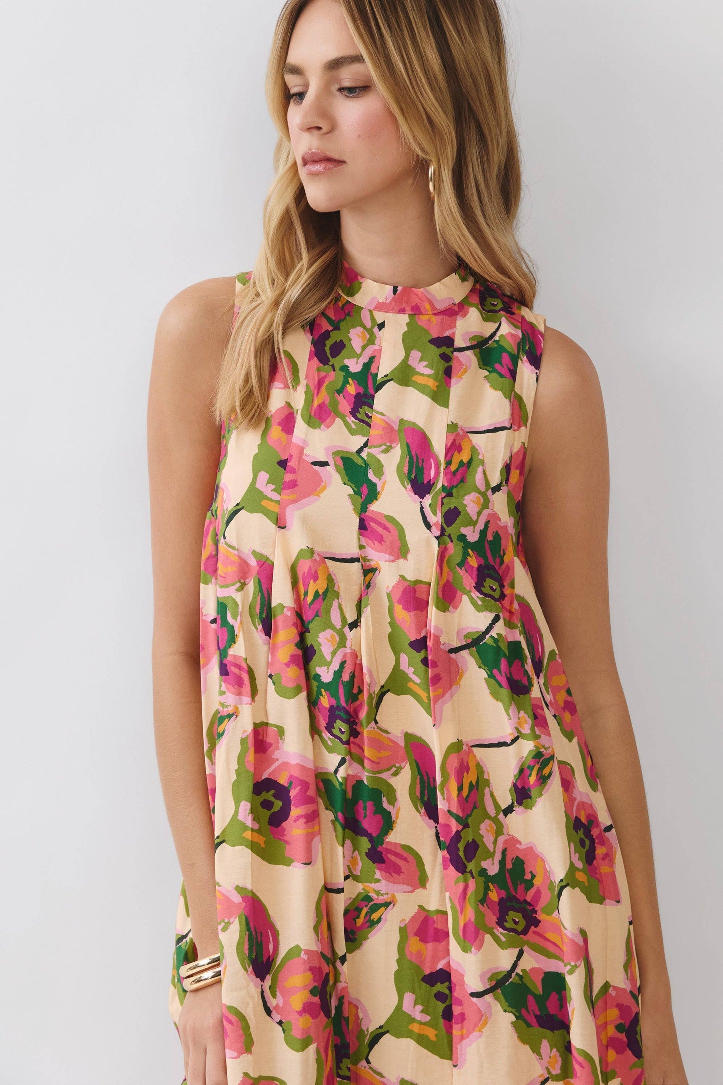 CD07219-Floral Print Sleeveless A Line Maxi Dress: MULTI / L