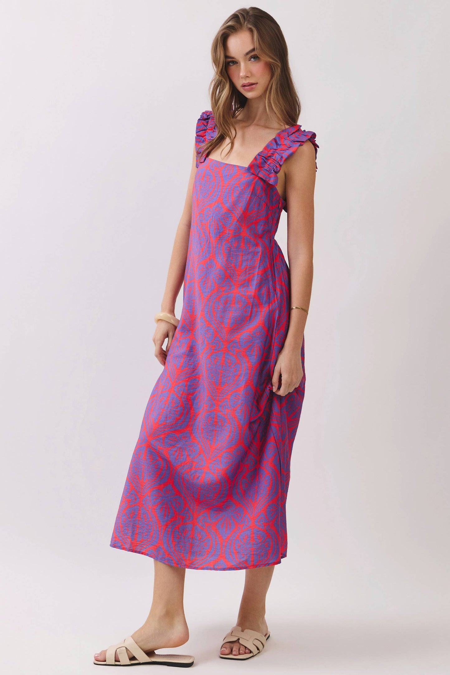 CD07126-Ruffle Strap Geometric Print Midi Dress: Red / L