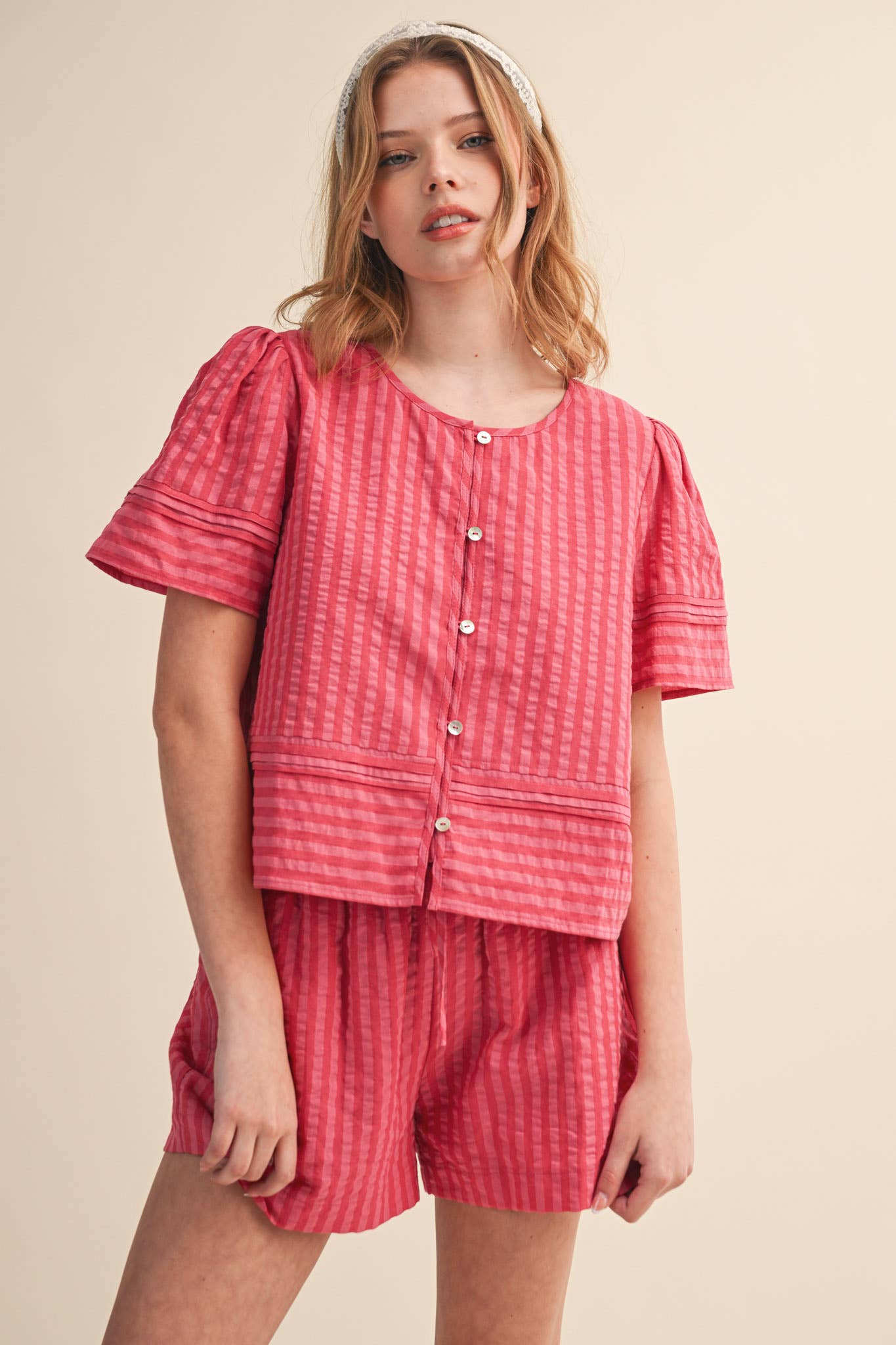STRIPED BUTTON UP TOP AND SHORTS SET MPST4488: BLUE SAGE STRIPE / S