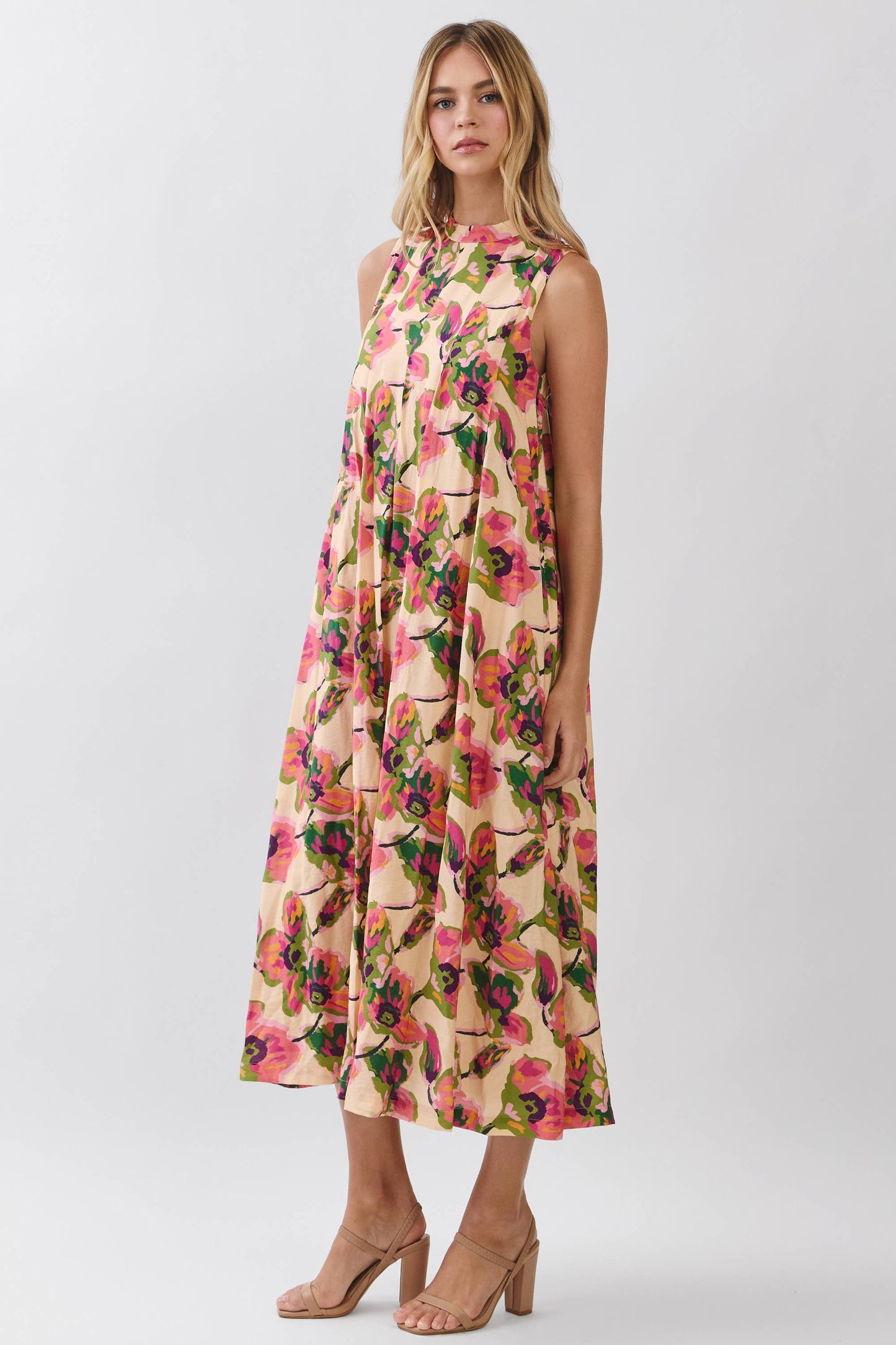 CD07219-Floral Print Sleeveless A Line Maxi Dress: MULTI / L