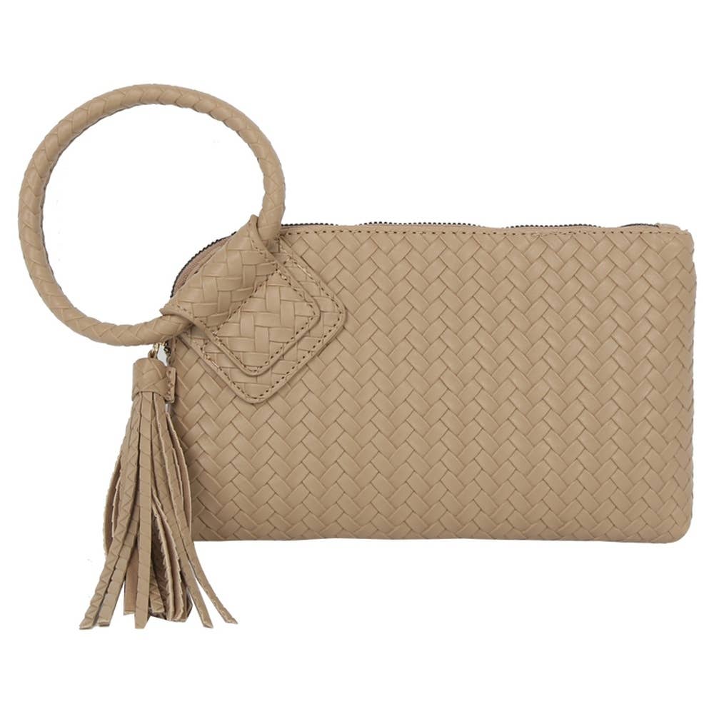 Faux Leather Woven Fringe Cuff Handle Clutch Bag: TN