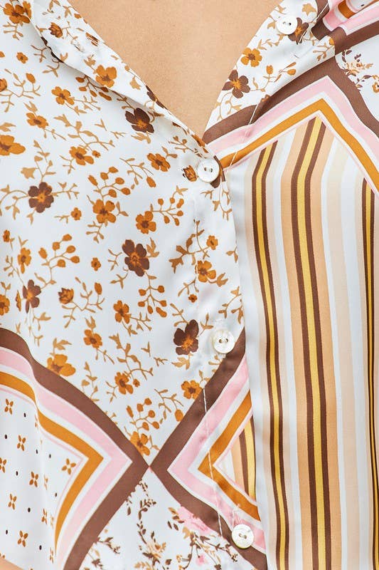 Printed Satin Top And Pants Set: Ivory Multi / M