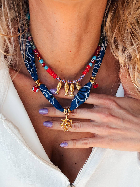 Bohemian blue bandana and colorful beaded fish necklace: Fish Necklace
