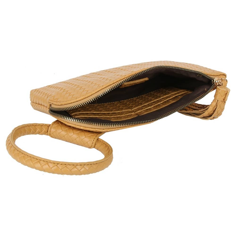 Faux Leather Woven Fringe Cuff Handle Clutch Bag: TN