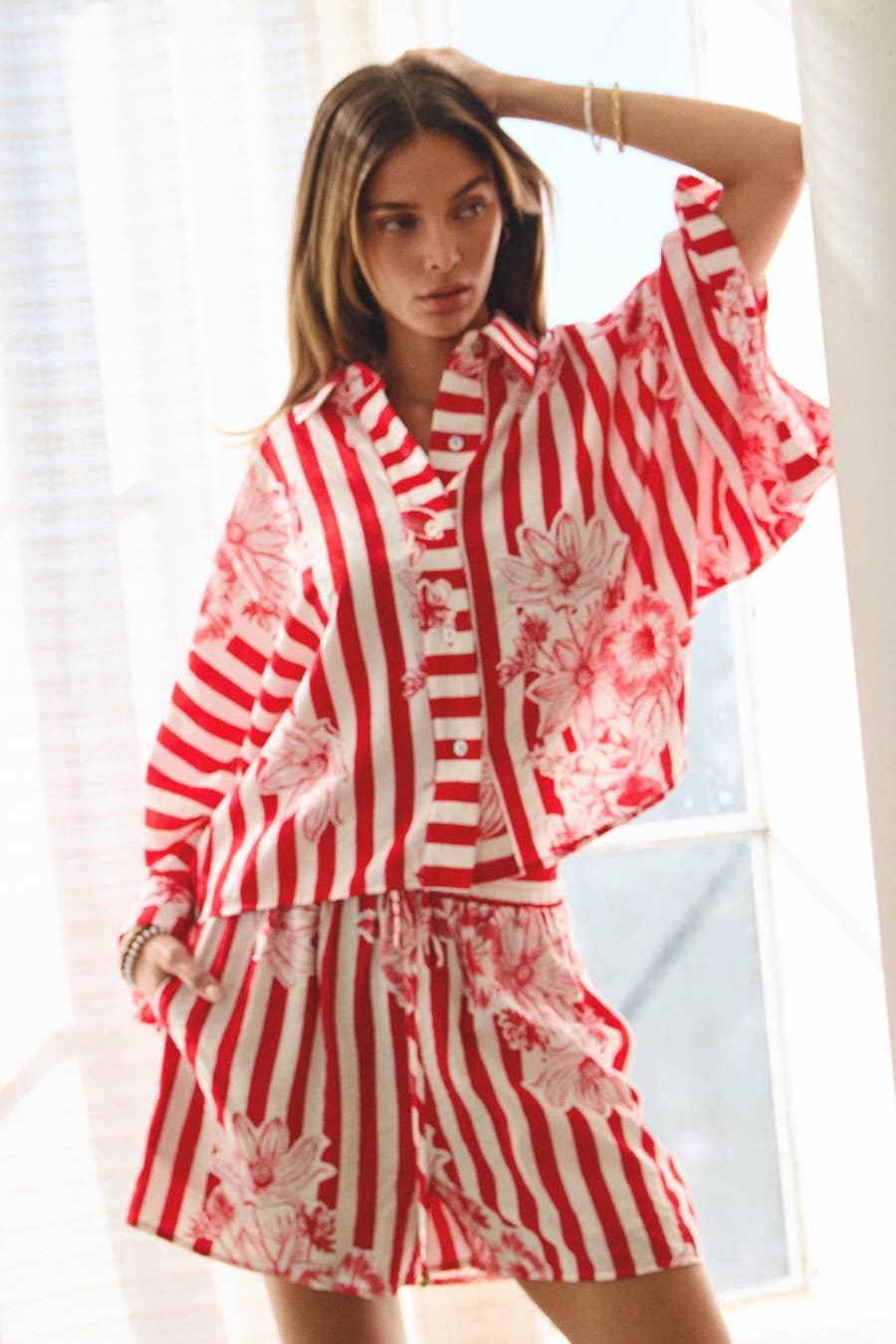 Striped Floral Printed Shirt & Shorts Set: Red Stripe / L