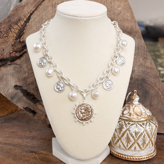 Boho Coin and Pearl Charms Statement Necklace – Gold and Silver Tone: Silver